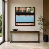 Outside The Window SQ009 blue olive peach and black mixed-media wall art with soft cotton cord and mirror elements above a slim wood console in a minimalist entryway