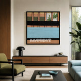 Outside The Window SQ009 blue olive peach and black mixed-media wall art with soft cotton cord and mirror elements above a wood media console in a modern living room