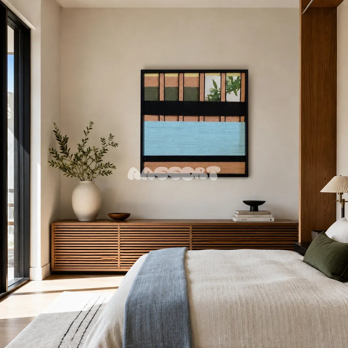 Outside The Window SQ009 blue olive peach and black mixed-media wall art with soft cotton cord and mirror elements above a slatted wood sideboard in a serene bedroom