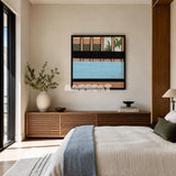 Outside The Window SQ009 blue olive peach and black mixed-media wall art with soft cotton cord and mirror elements above a slatted wood sideboard in a serene bedroom