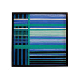 Front view of Blues Harmony SQ019 geometric fiber wall art with blue, teal, white and black yarn lines in a black frame