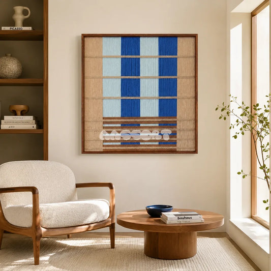 Mountain and River SQ023 blue and beige framed yarn art above a white boucle chair in a sunlit reading corner