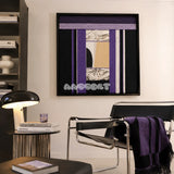 HOUTIAN SQ033 purple black white and silver framed yarn mirror art above a black lounge chair in a modern living room