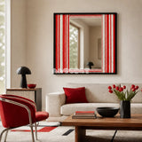 Wave Tide SQ035 red and white striped framed yarn mirror art above a white sofa beside a red lounge chair in a modern living room