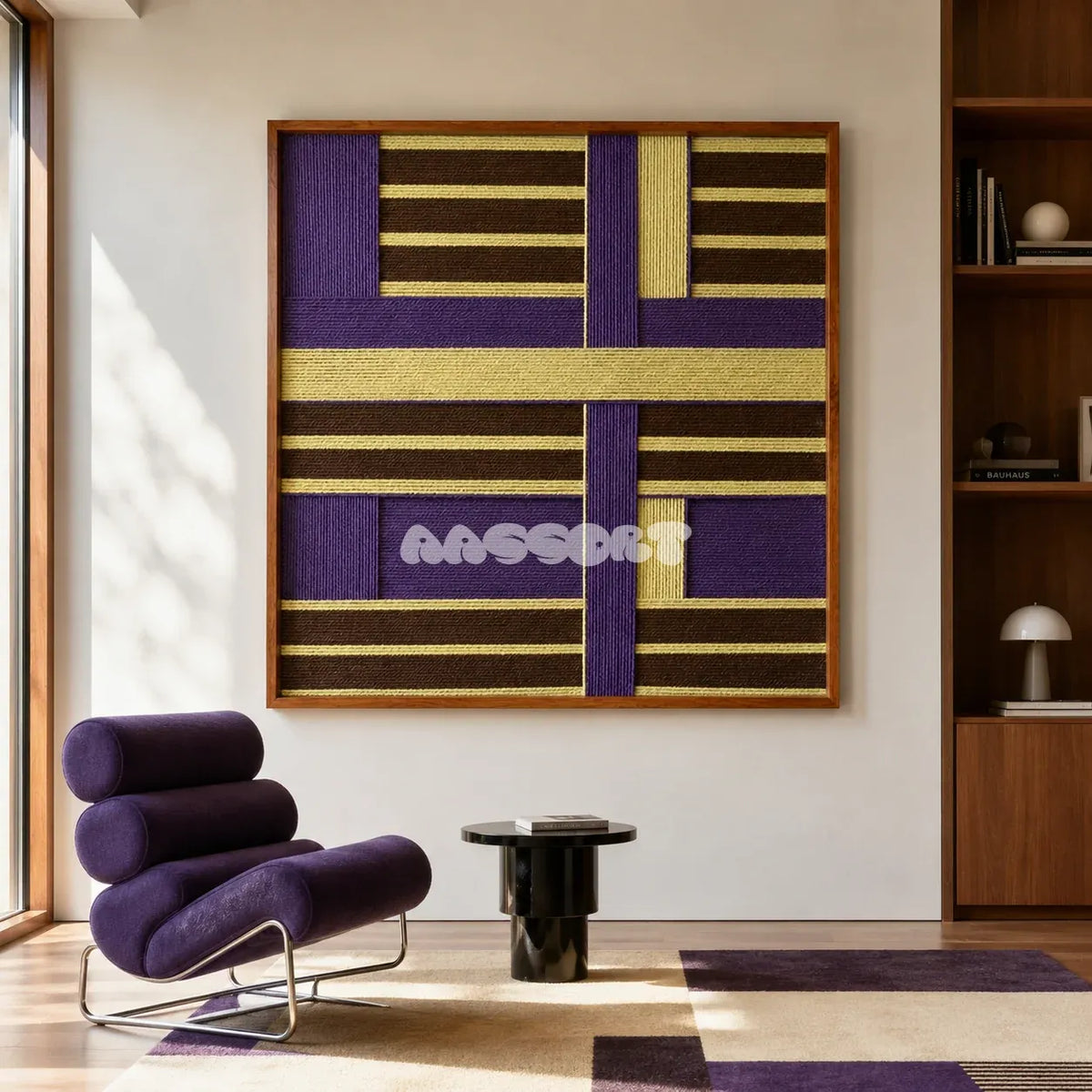 Mrs. Maisel SQ036 purple brown and yellow framed yarn art above a purple lounge chair in a sunlit reading corner