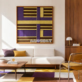 Mrs. Maisel SQ036 purple brown and yellow framed yarn art above a white sofa in a sunlit modern living room