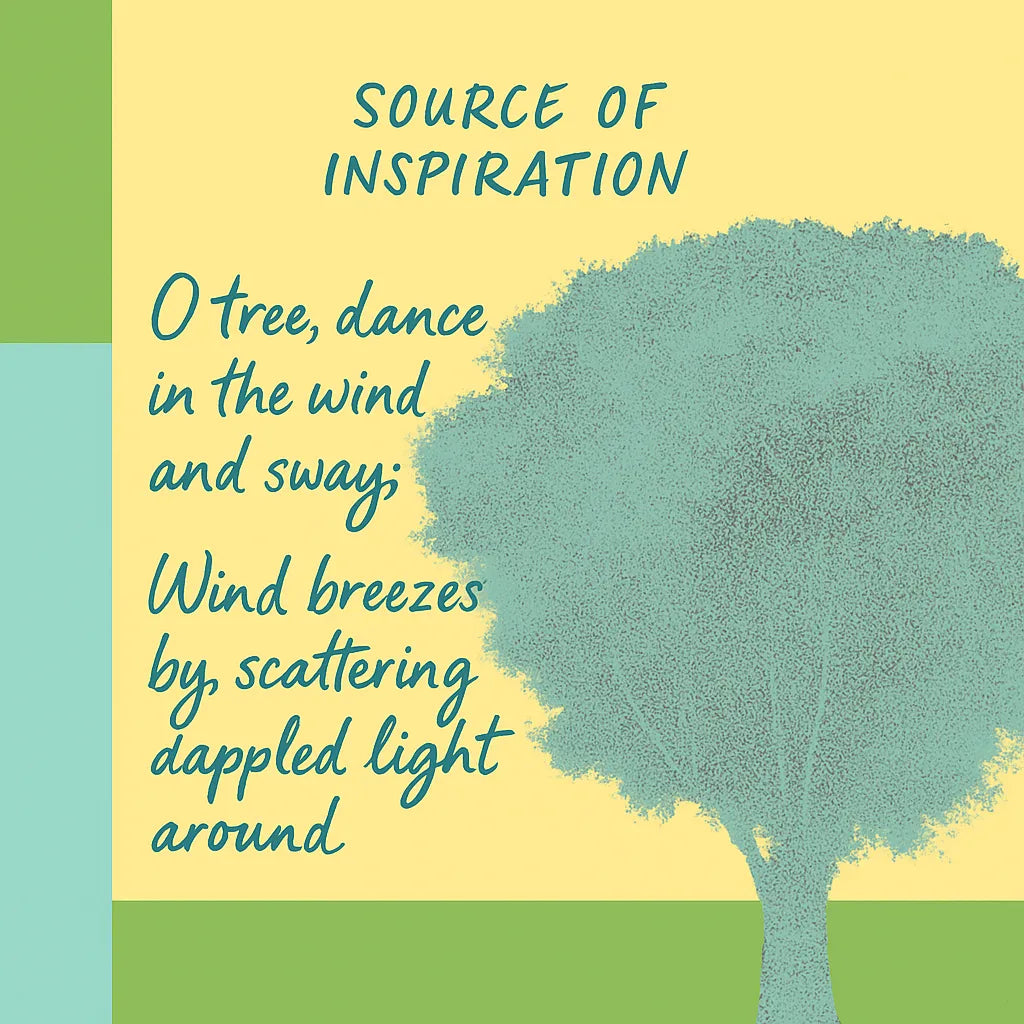 Inspiration graphic for Tree Ah Tree SQ042 featuring a stylized tree and poetic text about branches swaying in the wind