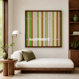 Tree Ah Tree SQ042 green cream and brown framed yarn art above a white chaise lounge with a green pillow in a warm reading room