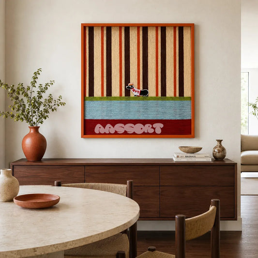 Tangerine Stripe Pup Venture SQ044 orange brown cream blue and red framed yarn art with a dog motif above a wood sideboard in a dining room