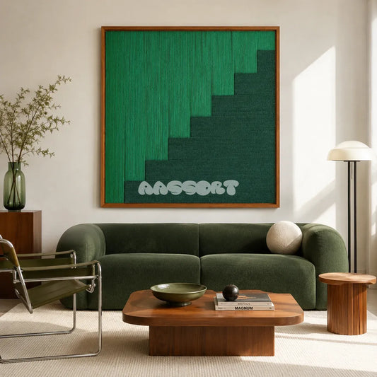 Azure Sky Woven SQ048 Green Forest hand-wrapped yarn wall art above a deep green sofa in a warm modern living room