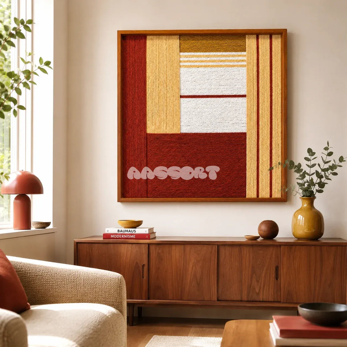 Sun-Baked Terra SQ086 framed textile art with white, cream, terracotta, and ochre geometric yarn composition.