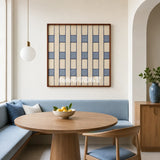 Winter Stationery SQ087 framed textile art with off-white and slate blue geometric yarn columns.