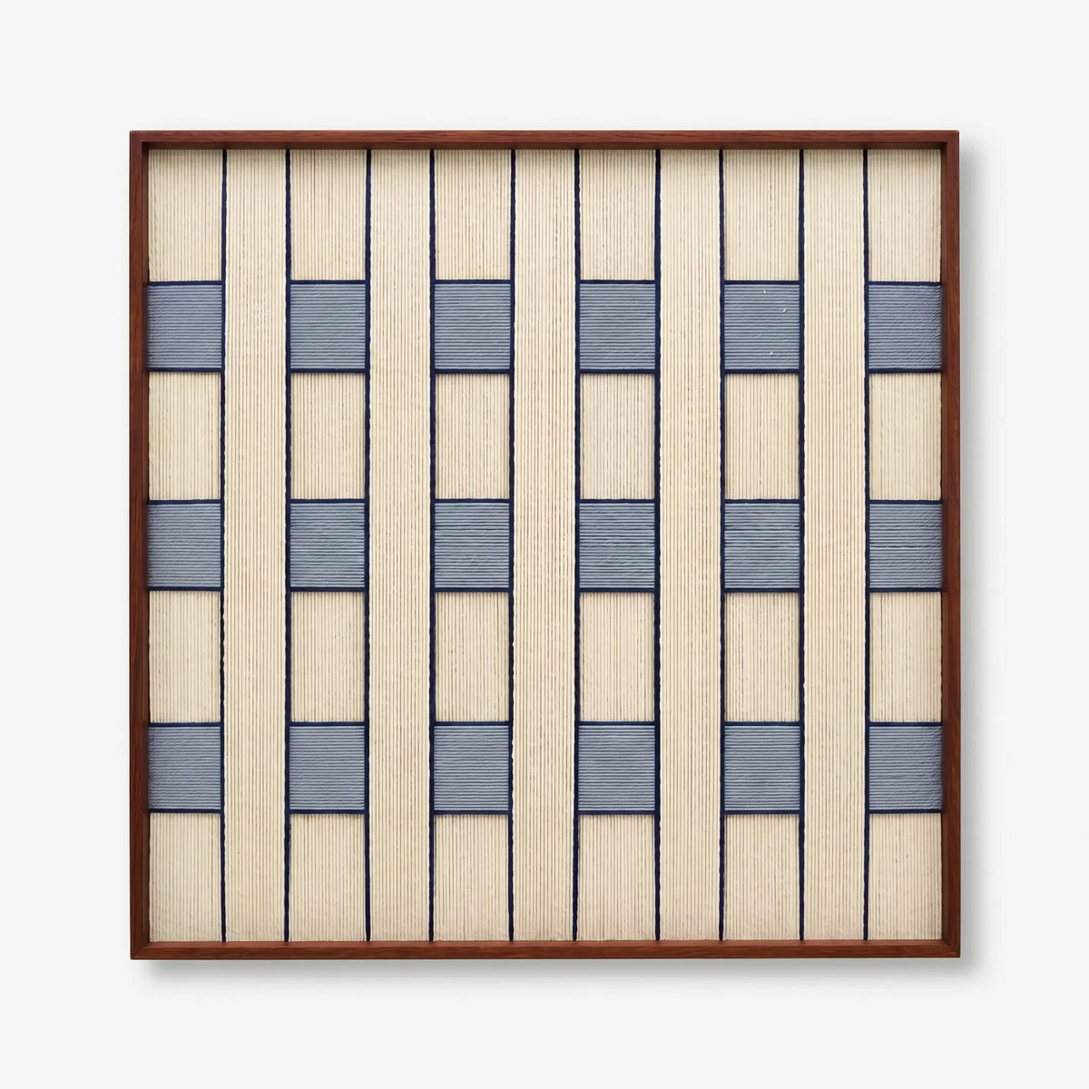 Front view of Winter Stationery SQ087 geometric yarn wall art in a dark square frame on a white background.