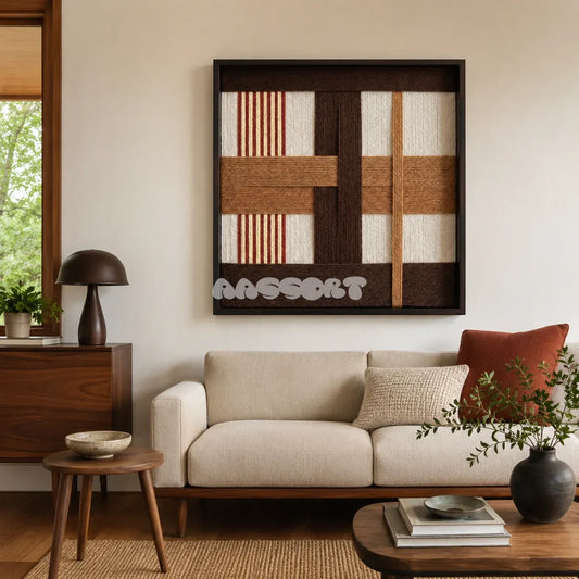 Pulse of the Soil SQ088 framed textile art with cream, sand, brown, and terracotta geometric yarn layers.