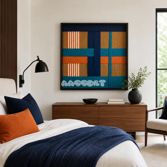 Tropical Glow SQ089 framed textile art with white, peacock blue, citrus orange, navy, and golden tan yarn.