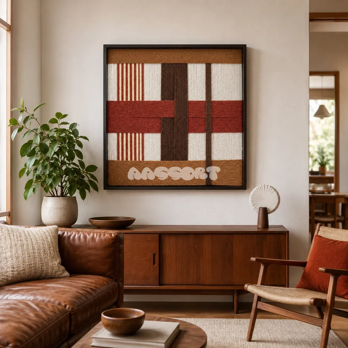 Terracotta Script SQ090 framed textile art with off-white, cream, terracotta, cocoa, and ochre geometric yarn layers.