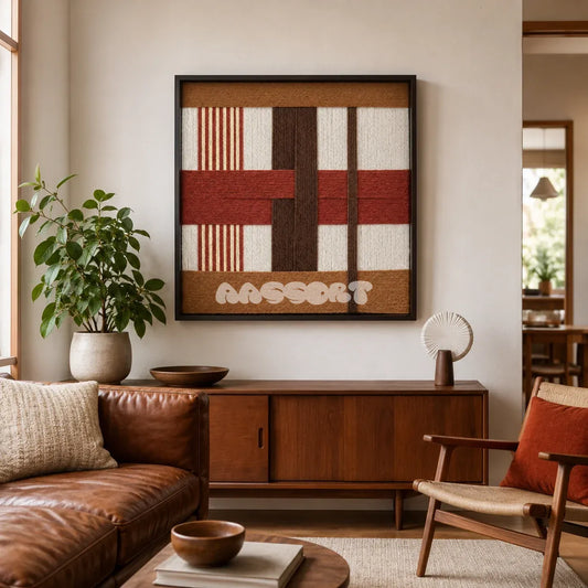 Terracotta Script SQ090 framed textile art with off-white, cream, terracotta, cocoa, and ochre geometric yarn layers.