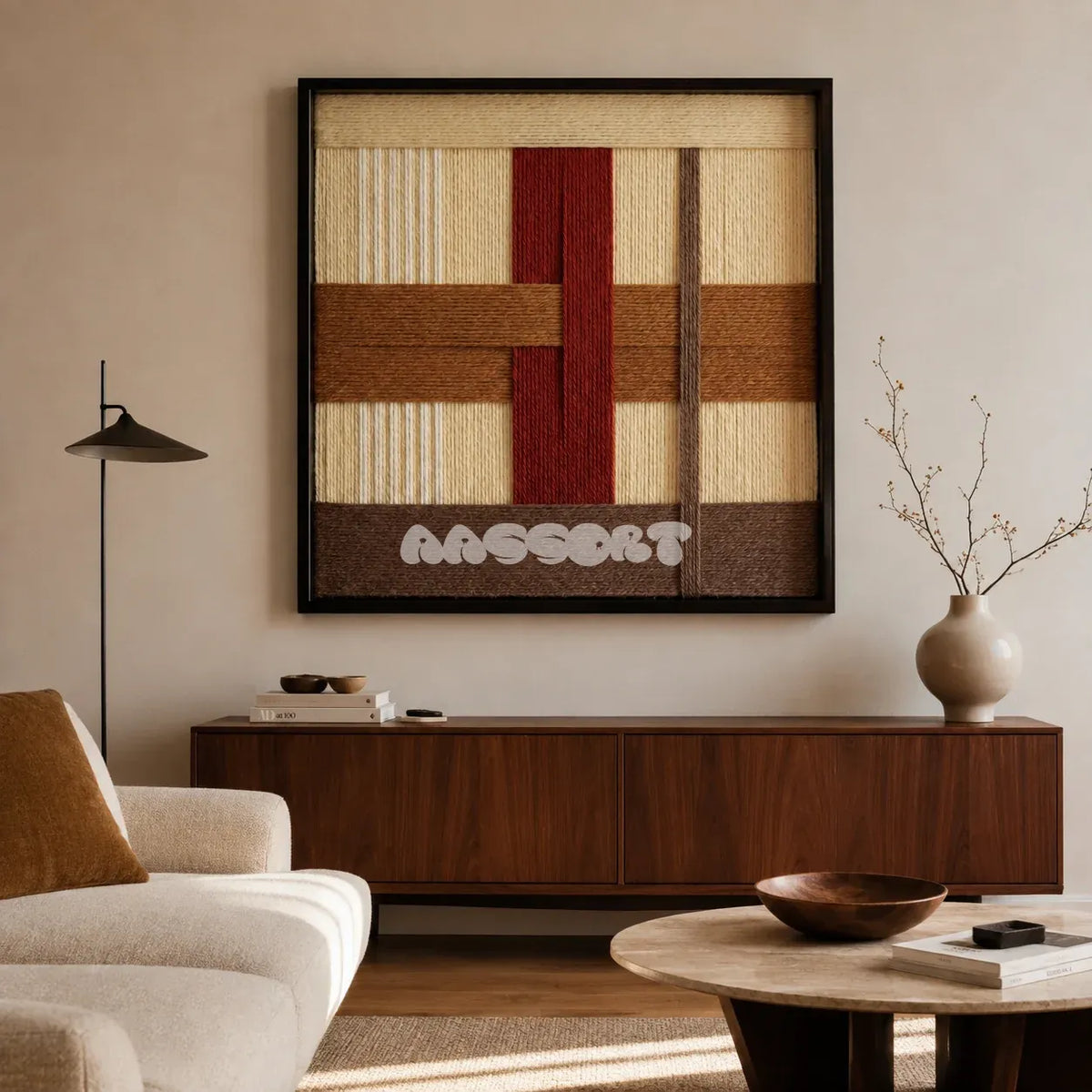 Captured Radiance SQ091 framed textile art with off-white, cream, clay red, toasted sand, and umber yarn layers.