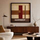Captured Radiance SQ091 framed textile art with off-white, cream, clay red, toasted sand, and umber yarn layers.