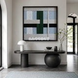 Moonlight Glade SQ092 framed textile art with white, ash gray, forest green, charcoal, and misty blue yarn layers.