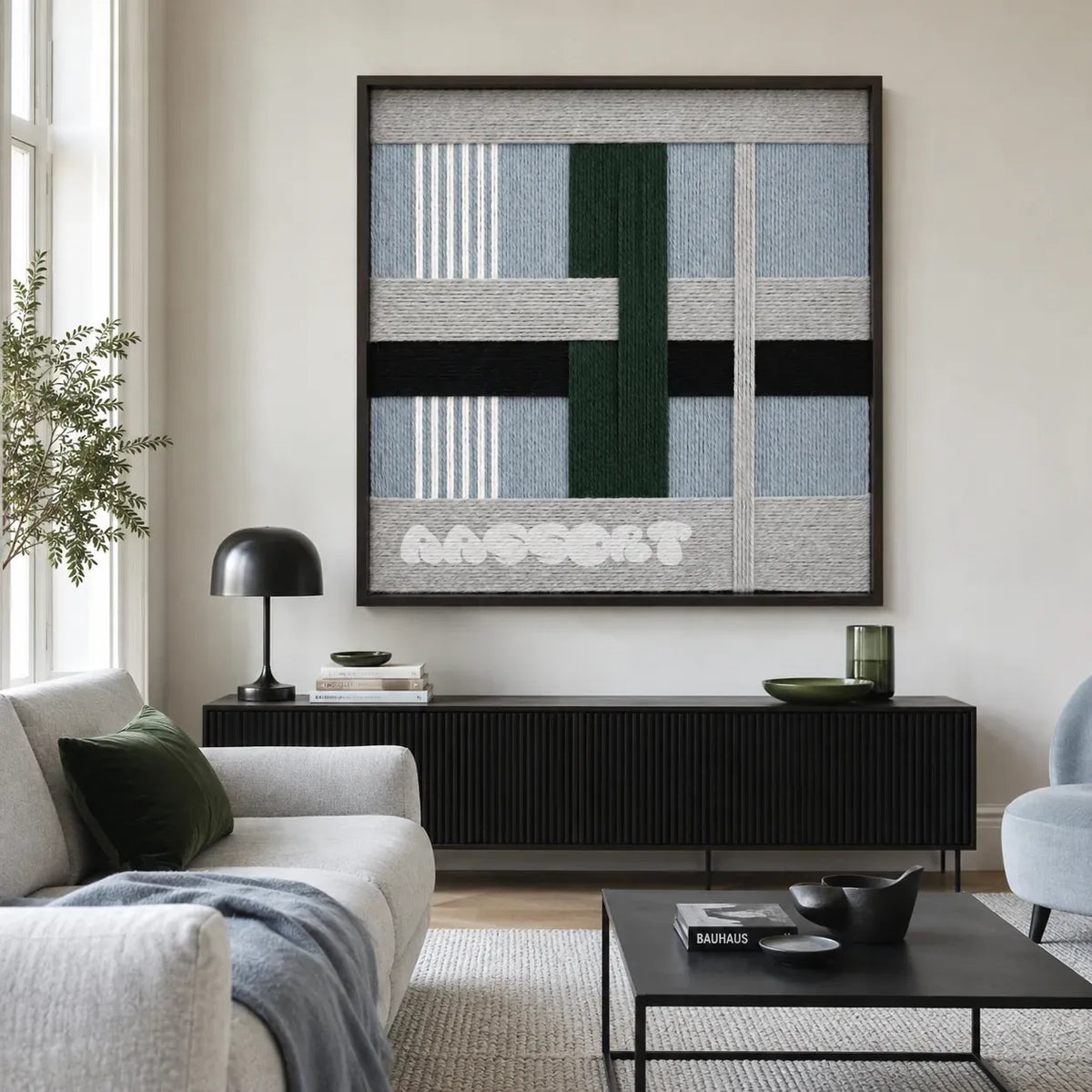 Moonlight Glade SQ092 geometric textile wall art displayed as a serene modern interior statement piece.