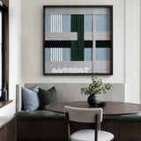Moonlight Glade SQ092 framed fiber artwork featuring overlapping cool-toned geometric blocks and tactile yarn texture.