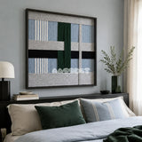 Moonlight Glade SQ092 abstract textile artwork with white and gray tones accented by forest green and misty blue.