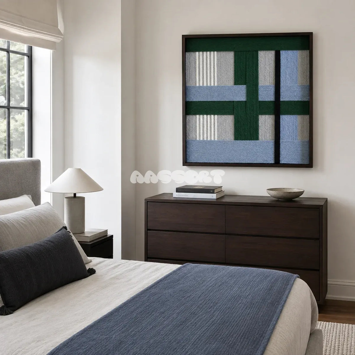 Polar Forest SQ094 framed fiber artwork featuring overlapping cool-toned geometric blocks and tactile yarn texture.