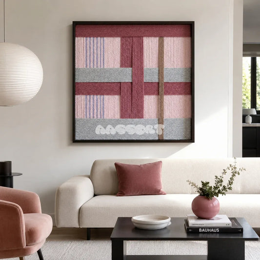 Bloom Forecast SQ095 framed textile art with dusty rose, soft pink, ash gray, mauve, and toasted tan yarn layers.