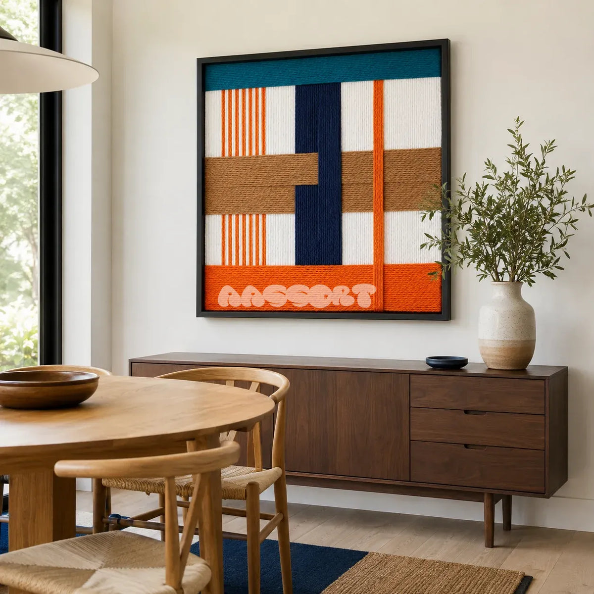 Orange Midsummer SQ096 framed fiber artwork featuring overlapping blue and orange geometric yarn blocks.