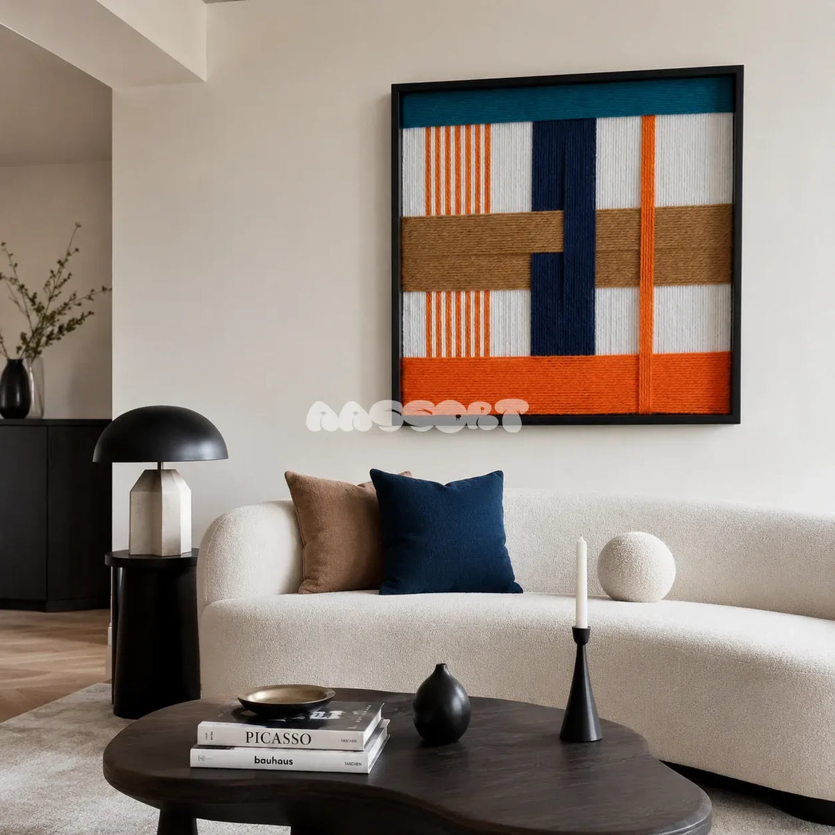 Orange Midsummer SQ096 abstract textile artwork with vivid citrus orange, peacock blue, and midnight navy accents.