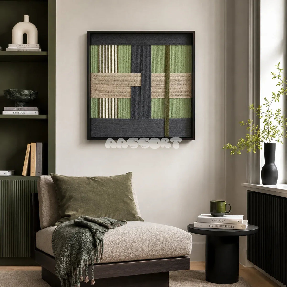 Misty Forest SQ097 geometric textile wall art displayed as a calm organic modern interior statement piece.