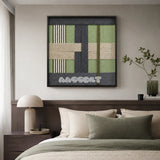 Misty Forest SQ097 abstract textile artwork with off-white and warm beige tones accented by sage and moss green.