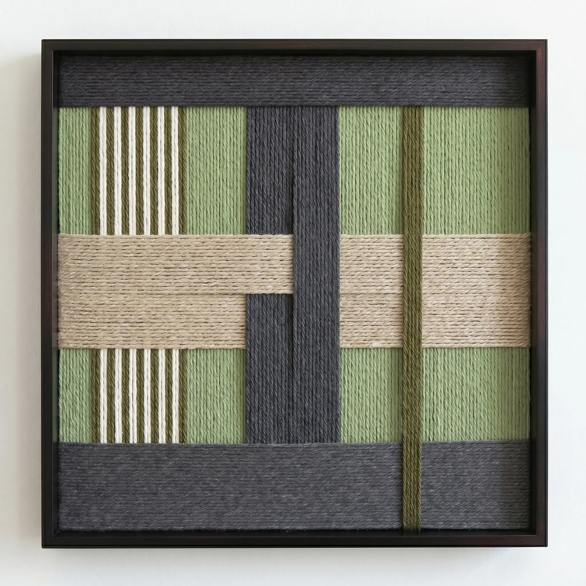 Front view of Misty Forest SQ097 geometric yarn wall art in a black square frame on a white background.