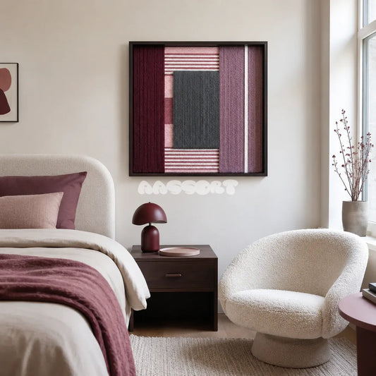Burgundy Overture SQ098 framed textile art with deep wine, dusty rose, mauve, slate gray, and white yarn layers.