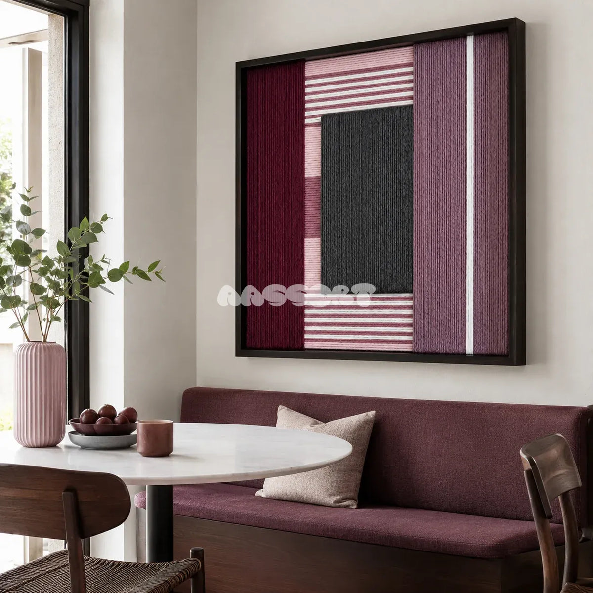 Burgundy Overture SQ098 geometric textile wall art displayed as a dramatic modern interior statement piece.