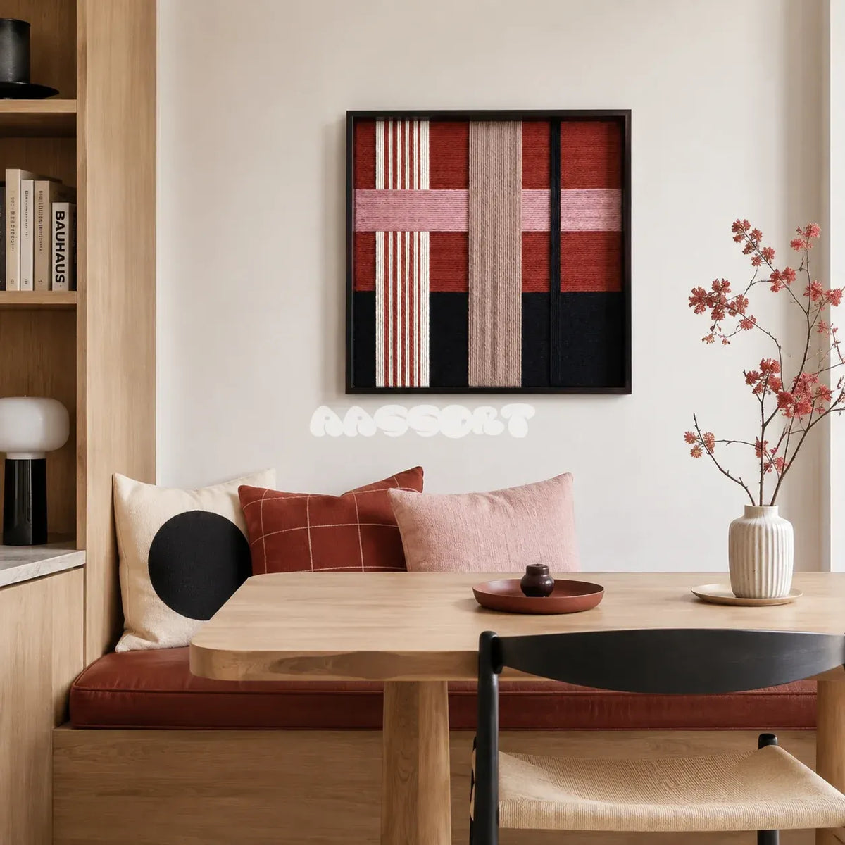 Flower-Bed Secrets SQ100 geometric textile wall art displayed as a sophisticated modern interior statement piece.