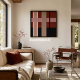 Flower-Bed Secrets SQ100 framed fiber artwork featuring layered rose, mauve, terracotta, and black geometric yarn blocks.