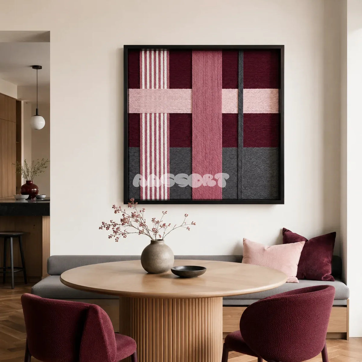 Lilac Whispers SQ101 geometric textile wall art displayed as a serene modern interior statement piece.