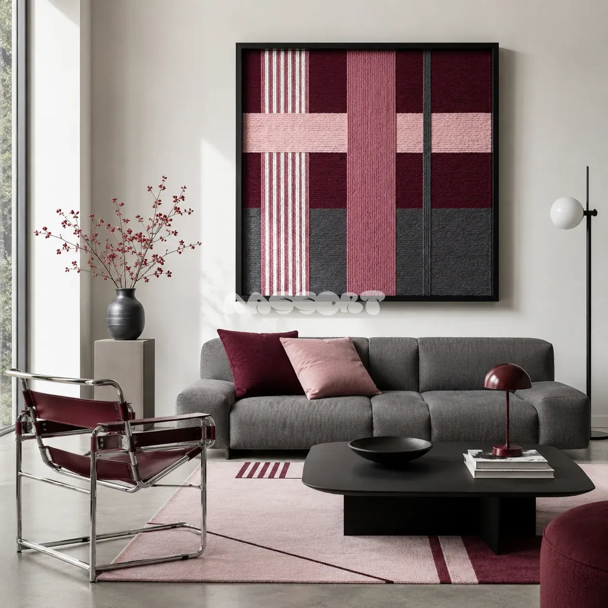 Lilac Whispers SQ101 framed fiber artwork featuring an interwoven blush and lilac cross motif.