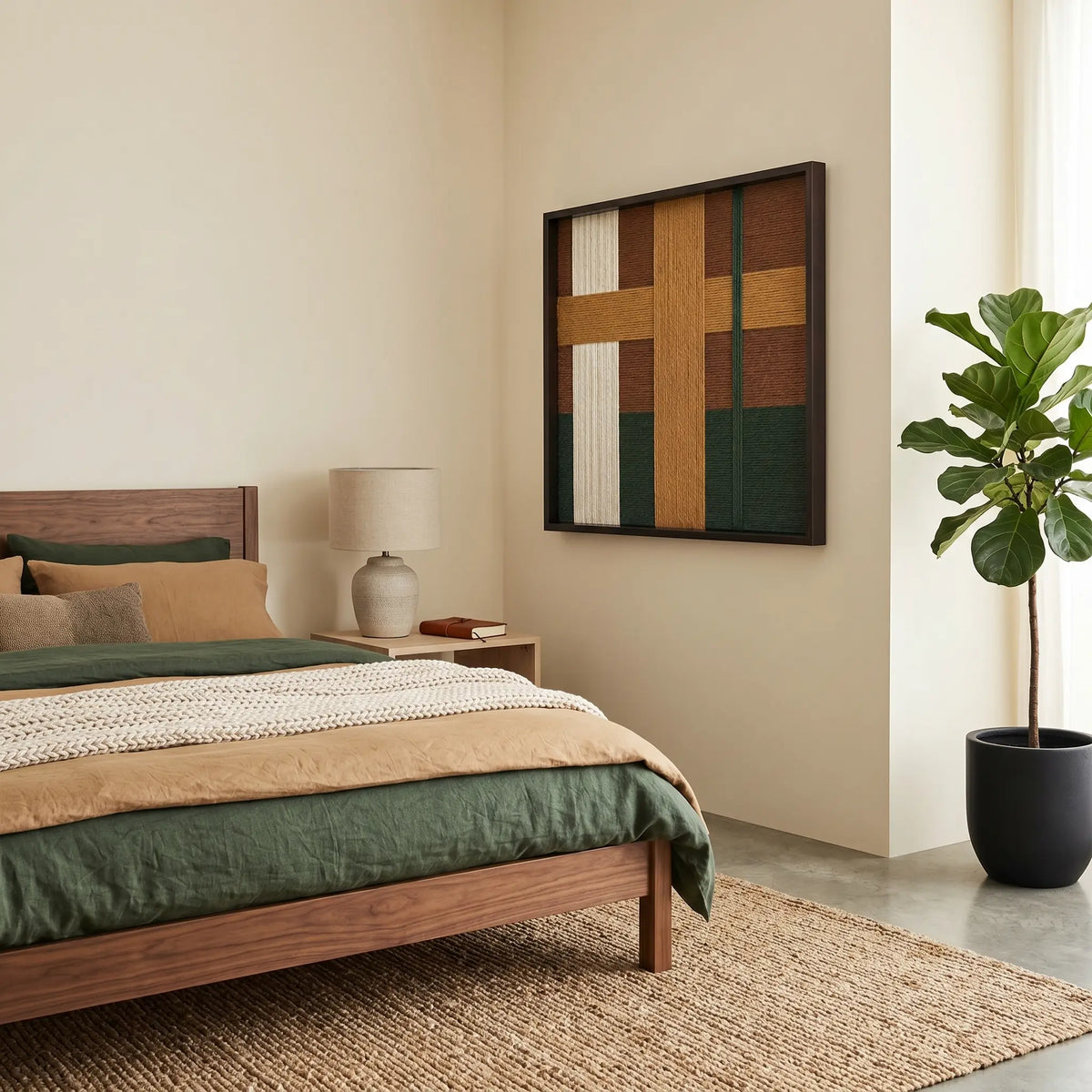 Emerald Fables SQ102 forest green, ochre, and brown textile wall art displayed above a walnut bedroom frame.