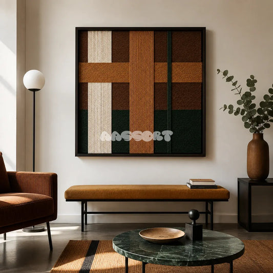 Emerald Fables SQ102 framed textile art with emerald green, caramel, mocha brown, cream, and forest green yarn.
