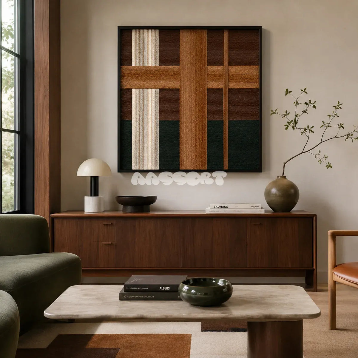 Emerald Fables SQ102 geometric textile wall art displayed as an earthy modern interior statement piece.