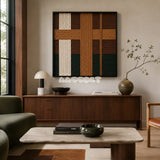 Emerald Fables SQ102 geometric textile wall art displayed as an earthy modern interior statement piece.