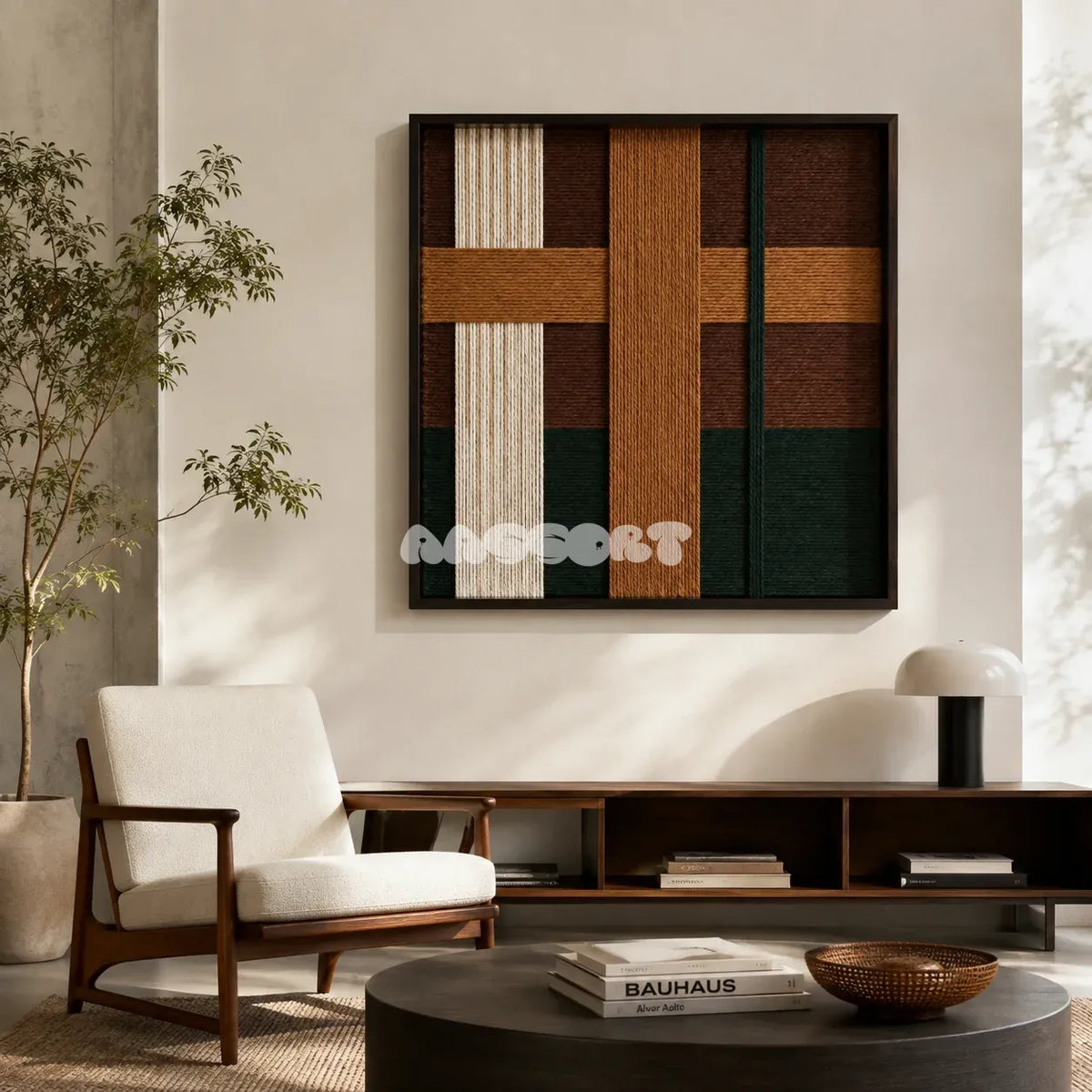 Emerald Fables SQ102 modern geometric yarn wall art in a minimalist framed presentation.