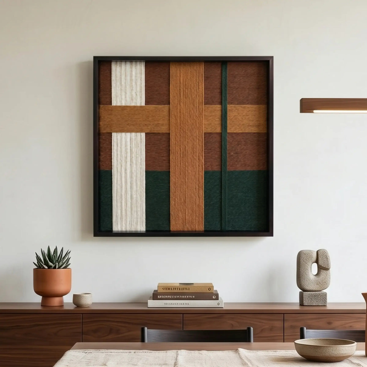 Emerald Fables SQ102 framed textile art displayed above a walnut sideboard in a sunlit living room.
