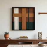 Emerald Fables SQ102 framed textile art displayed above a walnut sideboard in a sunlit living room.