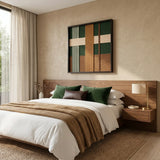Jade Manor SQ103 forest green and brown yarn wall art displayed above a serene bedroom headboard.