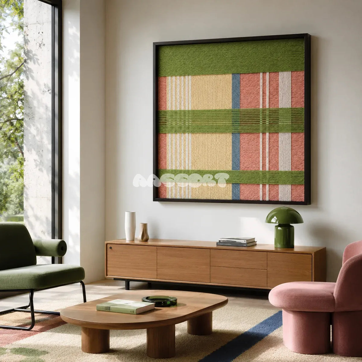 Pastoral Lullaby SQ104 abstract textile artwork with spring green bands over pastel pink and yellow columns.