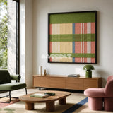 Pastoral Lullaby SQ104 abstract textile artwork with spring green bands over pastel pink and yellow columns.